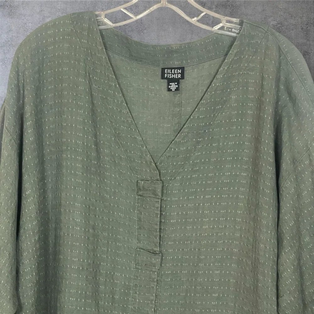 Eileen Fisher Button Front Textured Linen Tunic Top Womens M Green Laganlook - Picture 2 of 8